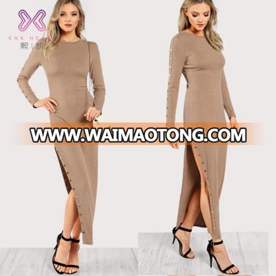 Latest Long Sleeve Button Detail Slit Ribbed Dress Casual Knitted Dress Women Long