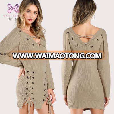 Wholesale Grommet Lace Up Sweater Dress Women Sexy V Neck Plus Size Dresses Online