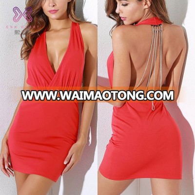 Latest Sexy Sleeveless Custom Women Deep V Neck Backless Wrapped Dresses