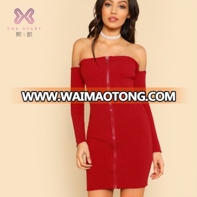 2018 dew shoulder long sleeve zipper red sweater dress