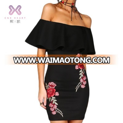 Women Black Sexy Off Shoulder Ruffle Bodycon evening Dress Embroidery girls Party dresses